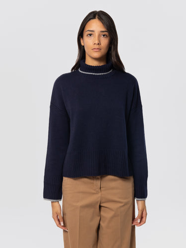 PINKO-Dolcevita con Filato a Contrasto in Lana e Cashmere Blu-TRYME Shop