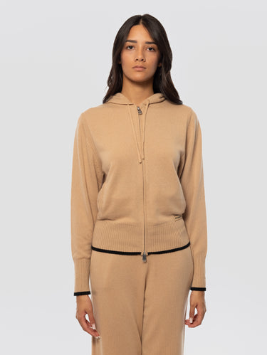 PINKO-Cardigan Full Zip con Cappuccio Beige-TRYME Shop