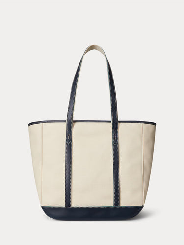 Shopper Tote in Tela e Pelle Ecrù/Blu