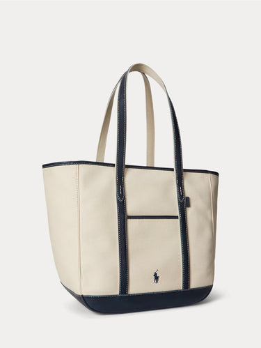 Shopper Tote in Tela e Pelle Ecrù/Blu