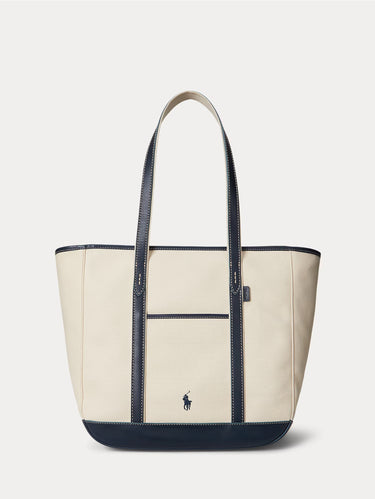 RALPH LAUREN-Shopper Tote in Tela e Pelle Ecrù/Blu-TRYME Shop