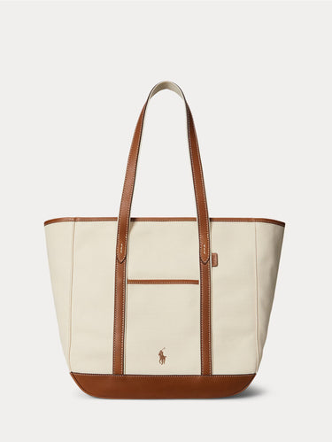 RALPH LAUREN-Shopper Tote in Tela e Pelle Ecrù/Cuoio-TRYME Shop