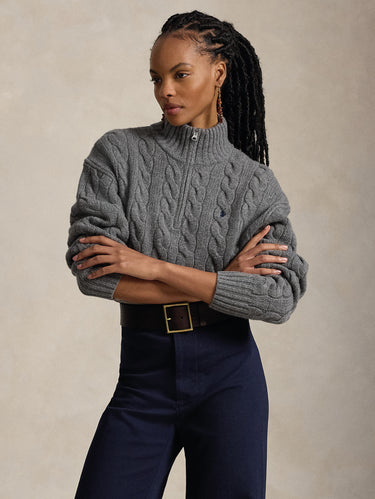 RALPH LAUREN-Maglia a Trecce in Lana con Mezza Zip Grigio-TRYME Shop