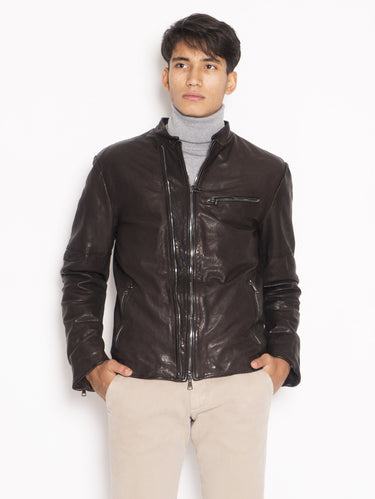 VOLFAGLI-Biker in pelle imbottito Marrone-TRYME Shop