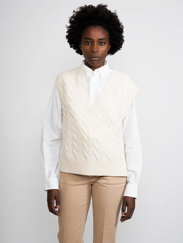 RALPH LAUREN-Gilet a Trecce Scollo a V Bianco-TRYME Shop
