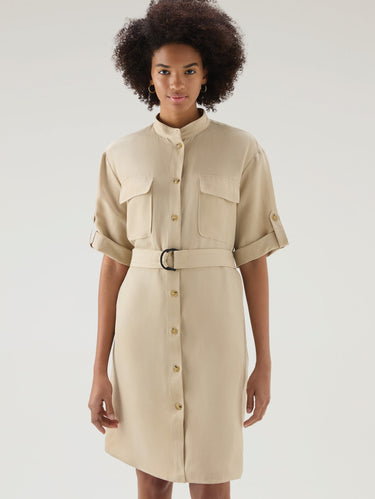 WOOLRICH-Abito Camicia in Lino con Cinta Beige-TRYME Shop