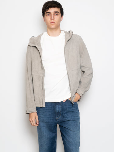 Giacca con Cappuccio in Suede Grigio Chiaro