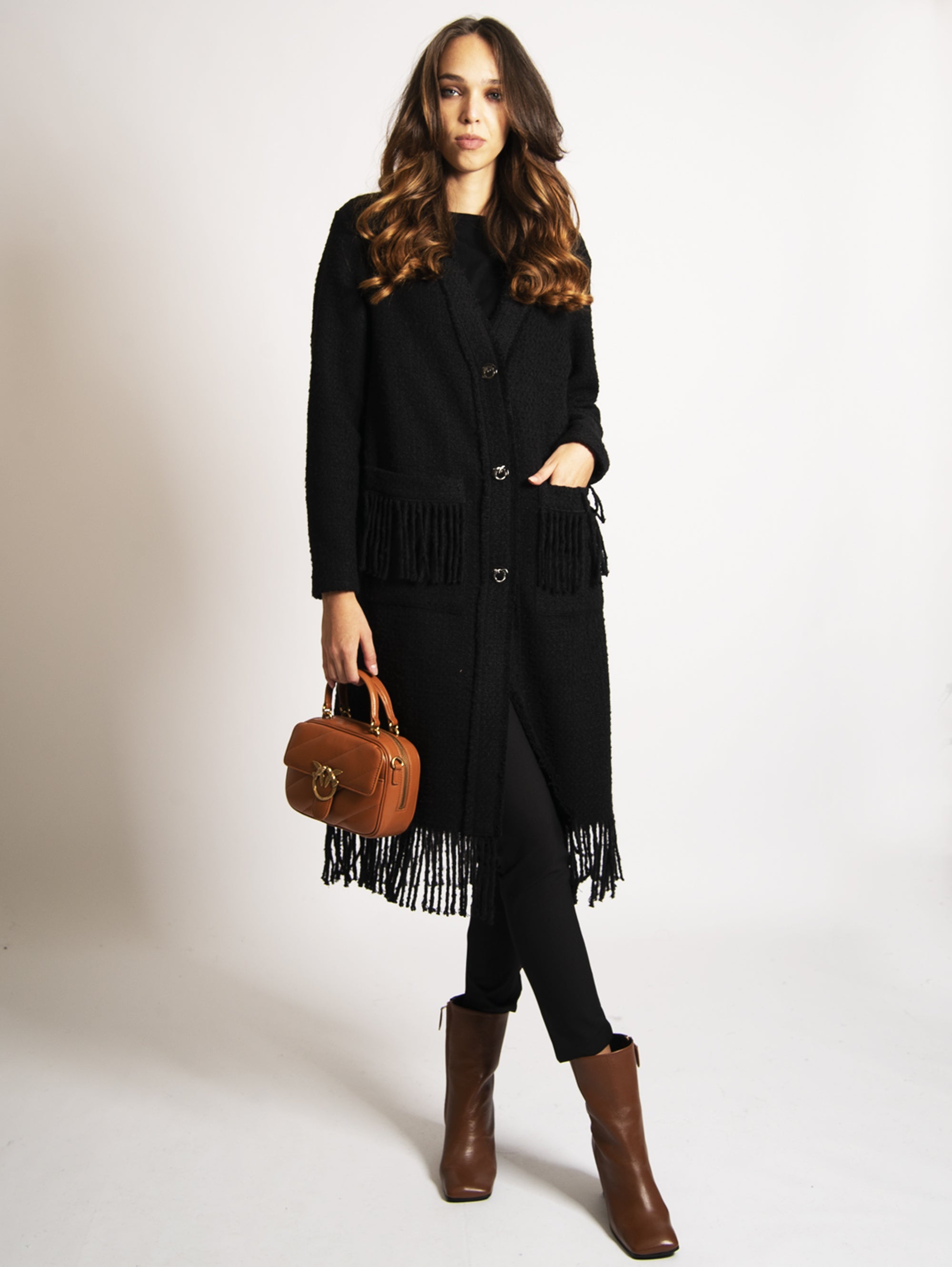 PINKO Tweed Coat with Black Fringes โ TRYME Shop