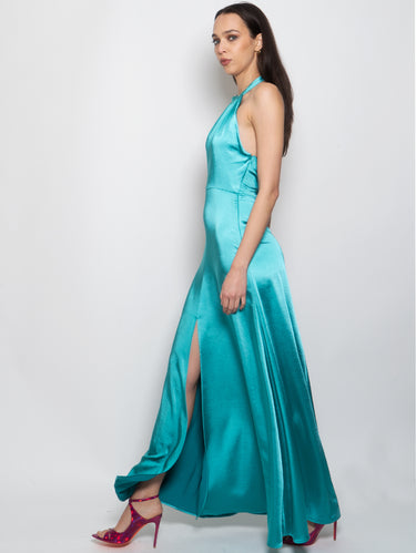 Langes amerikanisches Kleid aus Satin in Grün