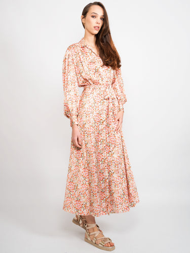 Robe chemisier en satin micro floral rose