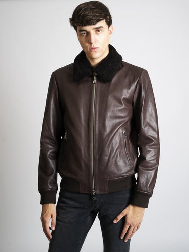 LEATHER AUTHORITY-Giubbotto in Pelle con Colletto in Montone Testa di moro-TRYME Shop