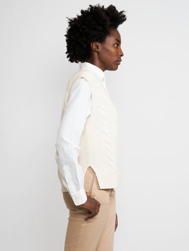 White V-Neck Cable Knit Vest