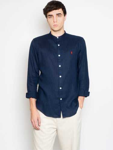 RALPH LAUREN-Camicia in Lino Collo alla Coreana Blu-TRYME Shop