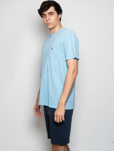 Cotton and Linen T-shirt with Dusty Blue Pocket