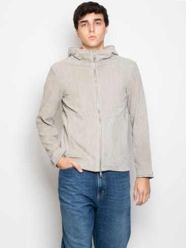 GIORGIO BRATO-Giacca con Cappuccio in Suede Grigio Chiaro-TRYME Shop