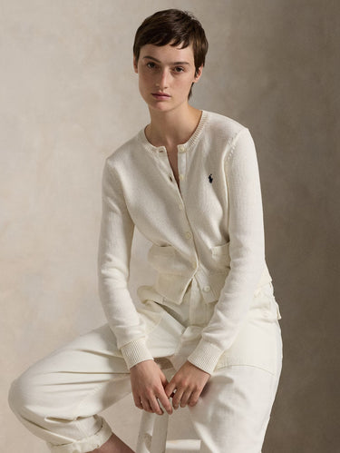 White Cotton Crew Neck Cardigan