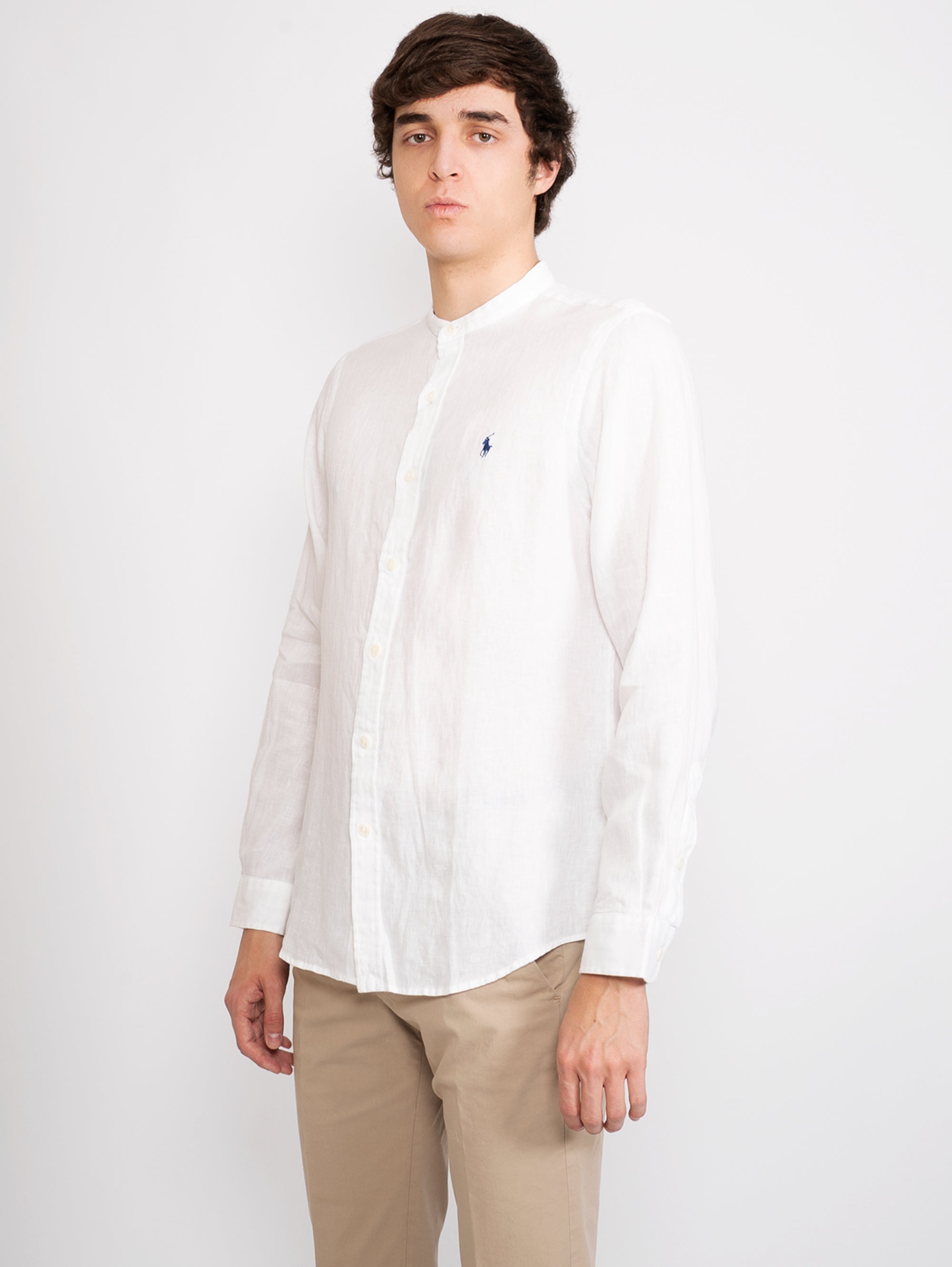 White Linen Shirt with Mandarin Collar
