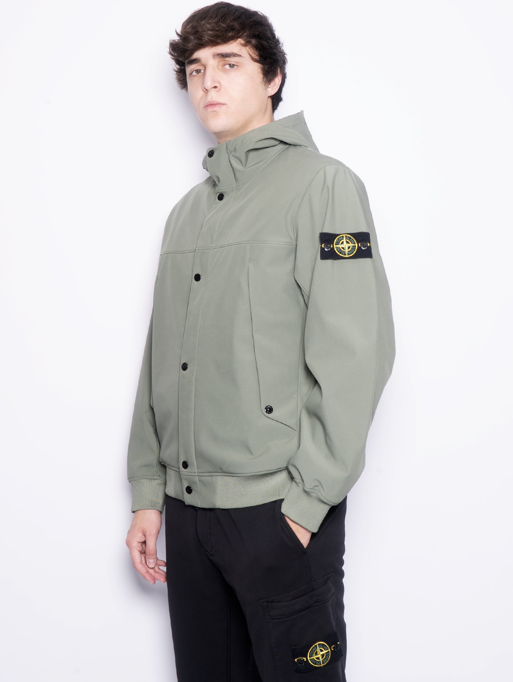 Jacket with hood in moss performance material