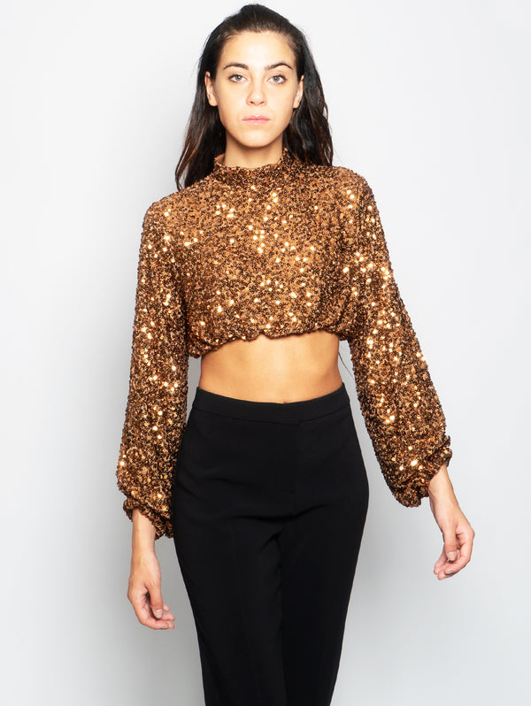 ANIYE BY-Top Corto in Paillettes Manica Lunga Caramello-TRYME Shop