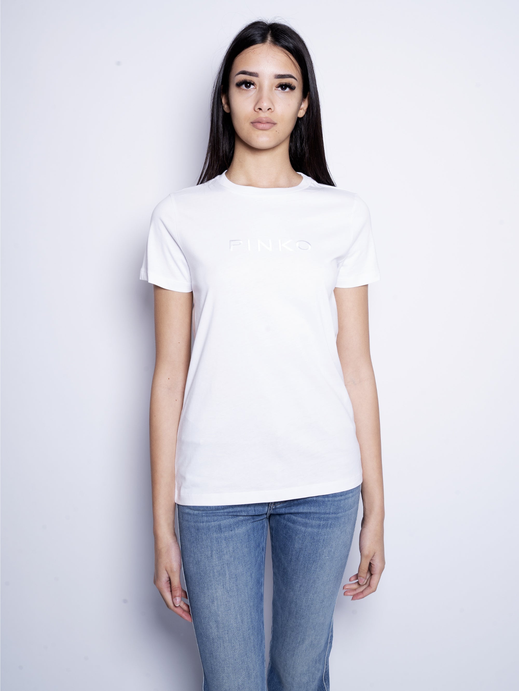 PINKO-T-shirt con Logo Ricamato Bianco-TRYME Shop