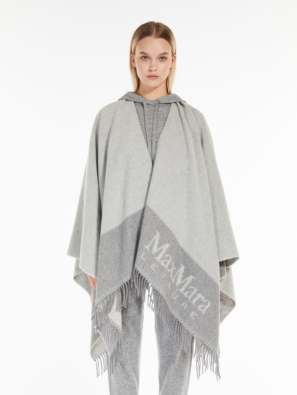 MAX MARA LEISURE-Poncho con Frange e Logo Jacquard Grigio-TRYME Shop