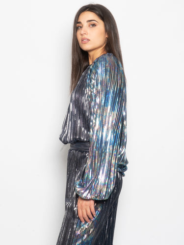 Ronde hals top in geplooide metallic tricot