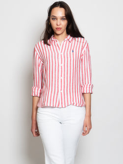 RALPH LAUREN-Camicia in Lino Boxi Rosso/Bianco-TRYME Shop