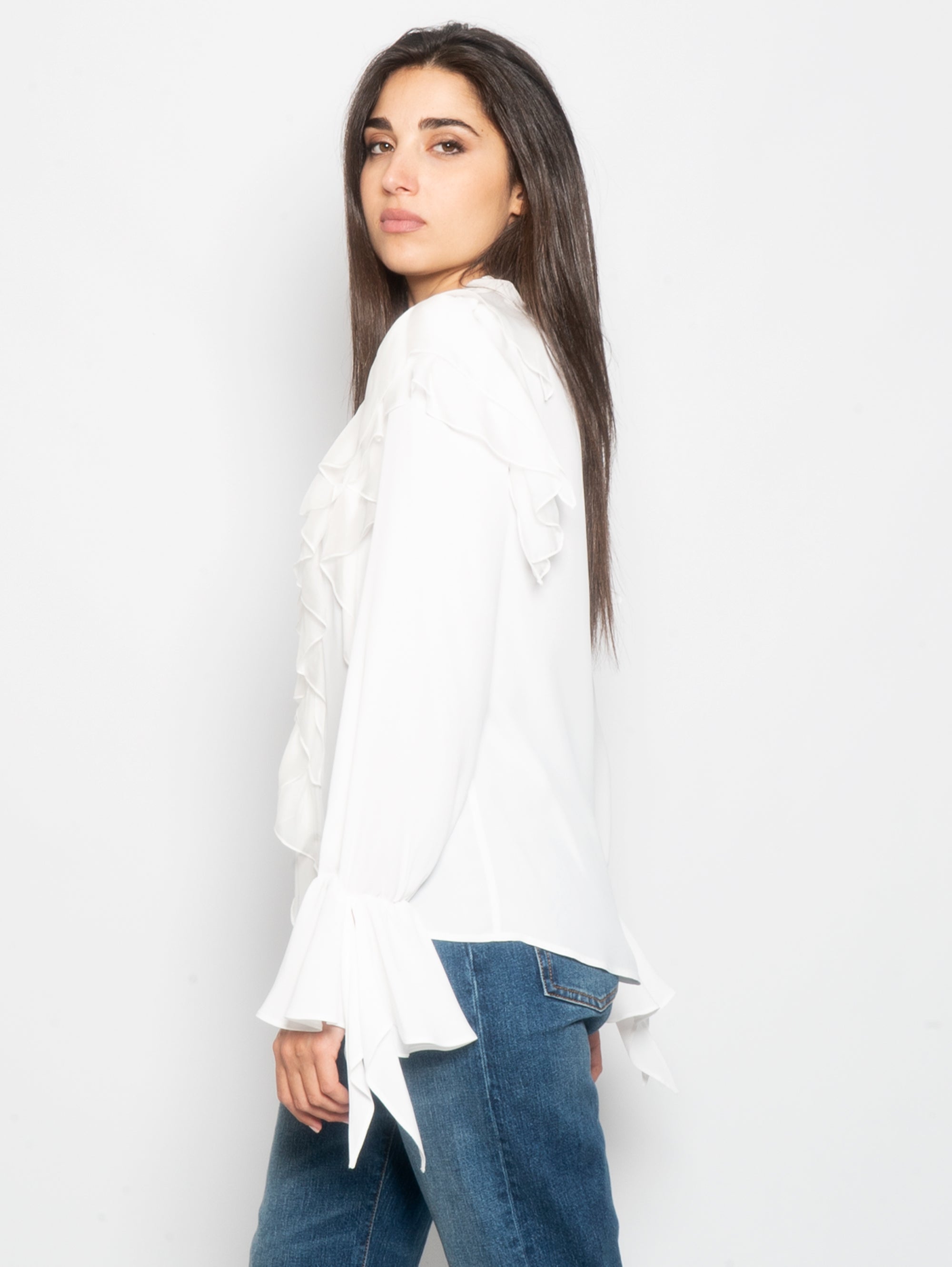 Blouse with Cascade of White Ruffles