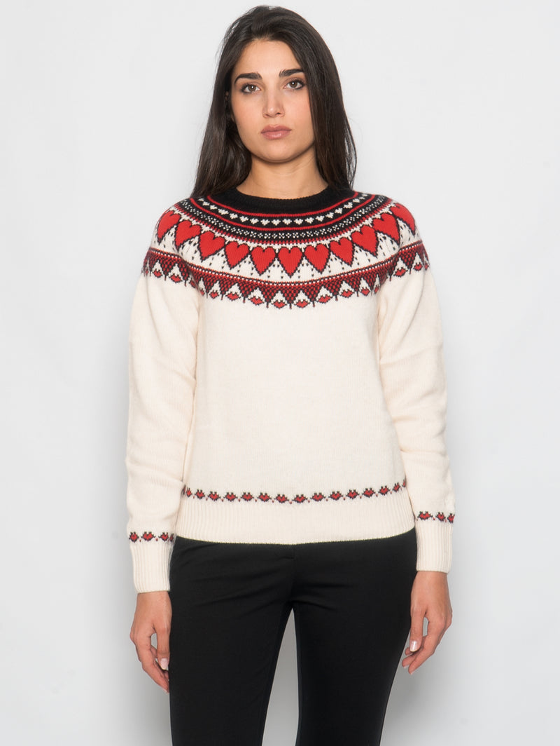 MC2 SAINT BARTH-Maglia Girocollo con Stampa Jacquard Cuori Panna/Rosso-TRYME Shop