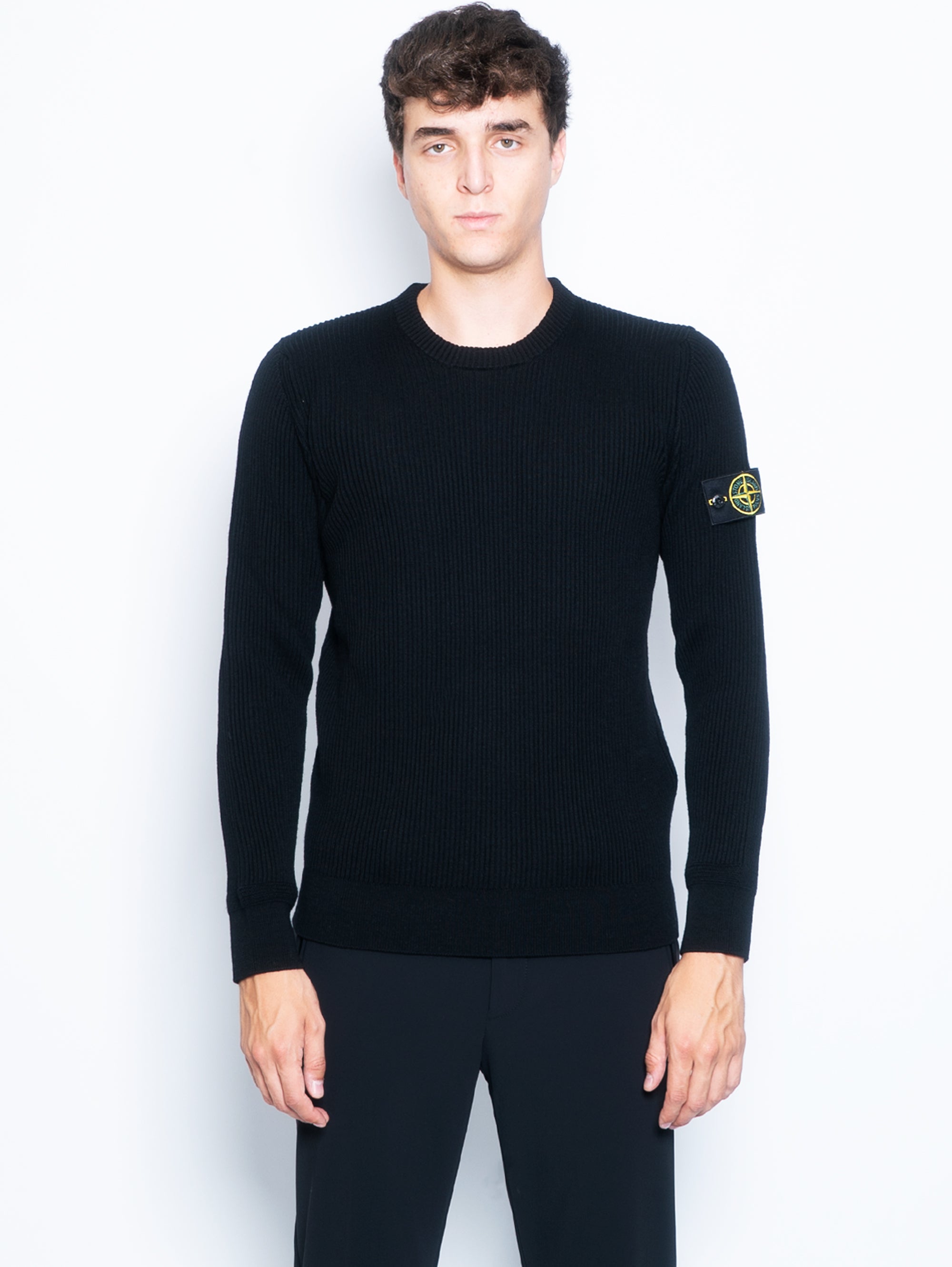 STONE ISLAND-Maglia Girocollo a Coste Nero-TRYME Shop