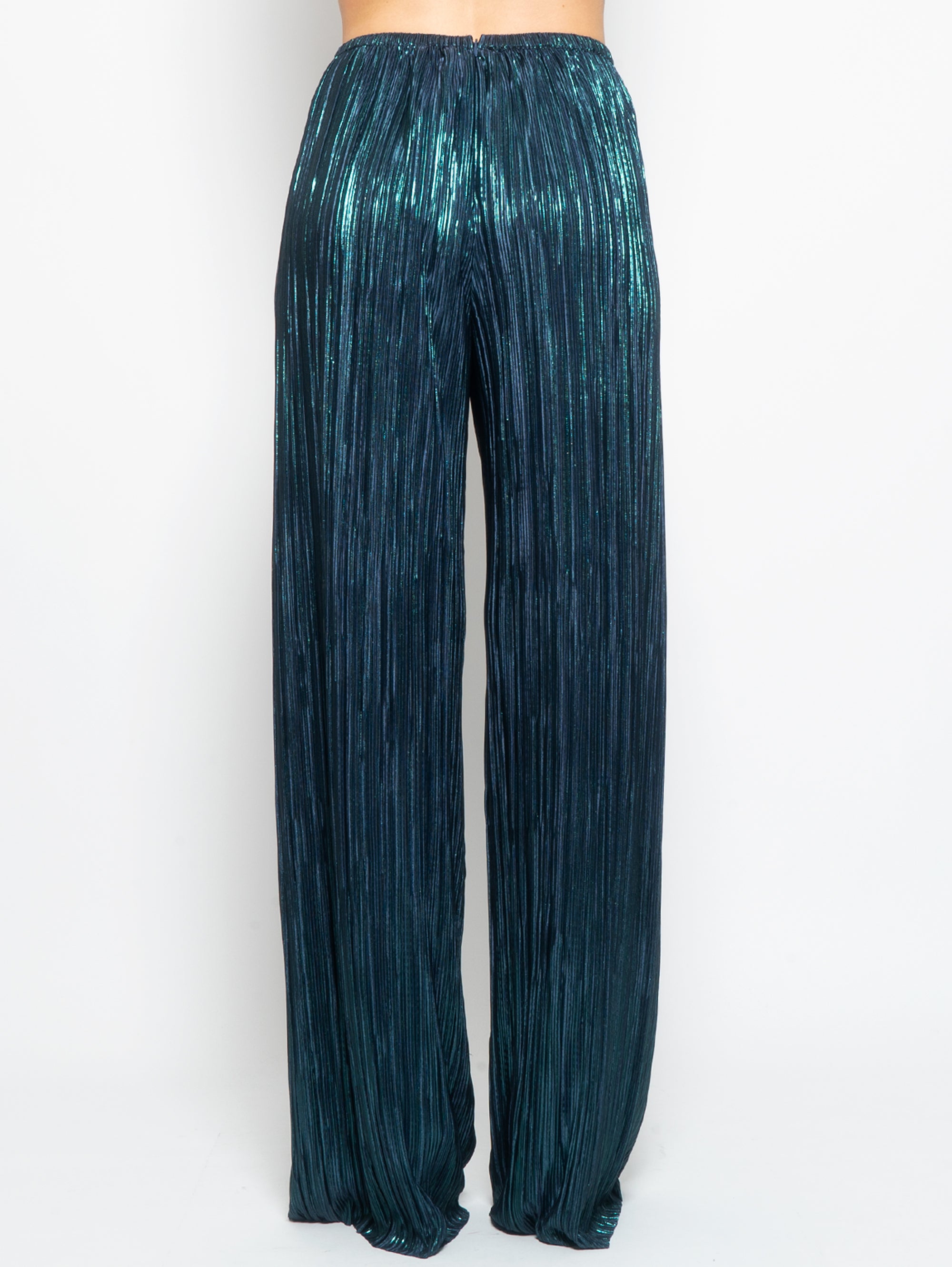 Pantaloni Ampi in Tessuto Plissé Blu/Verde