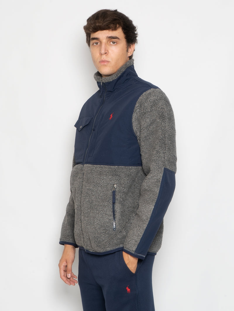 Felpa in Pile a Pelo Lungo Grigio/Blu