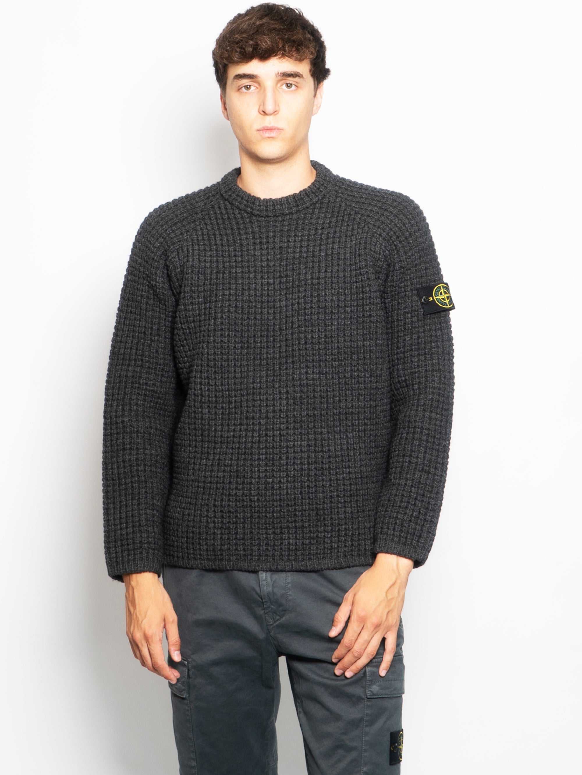 STONE ISLAND-Maglia Girocollo in Punto Tricot Carbone-TRYME Shop