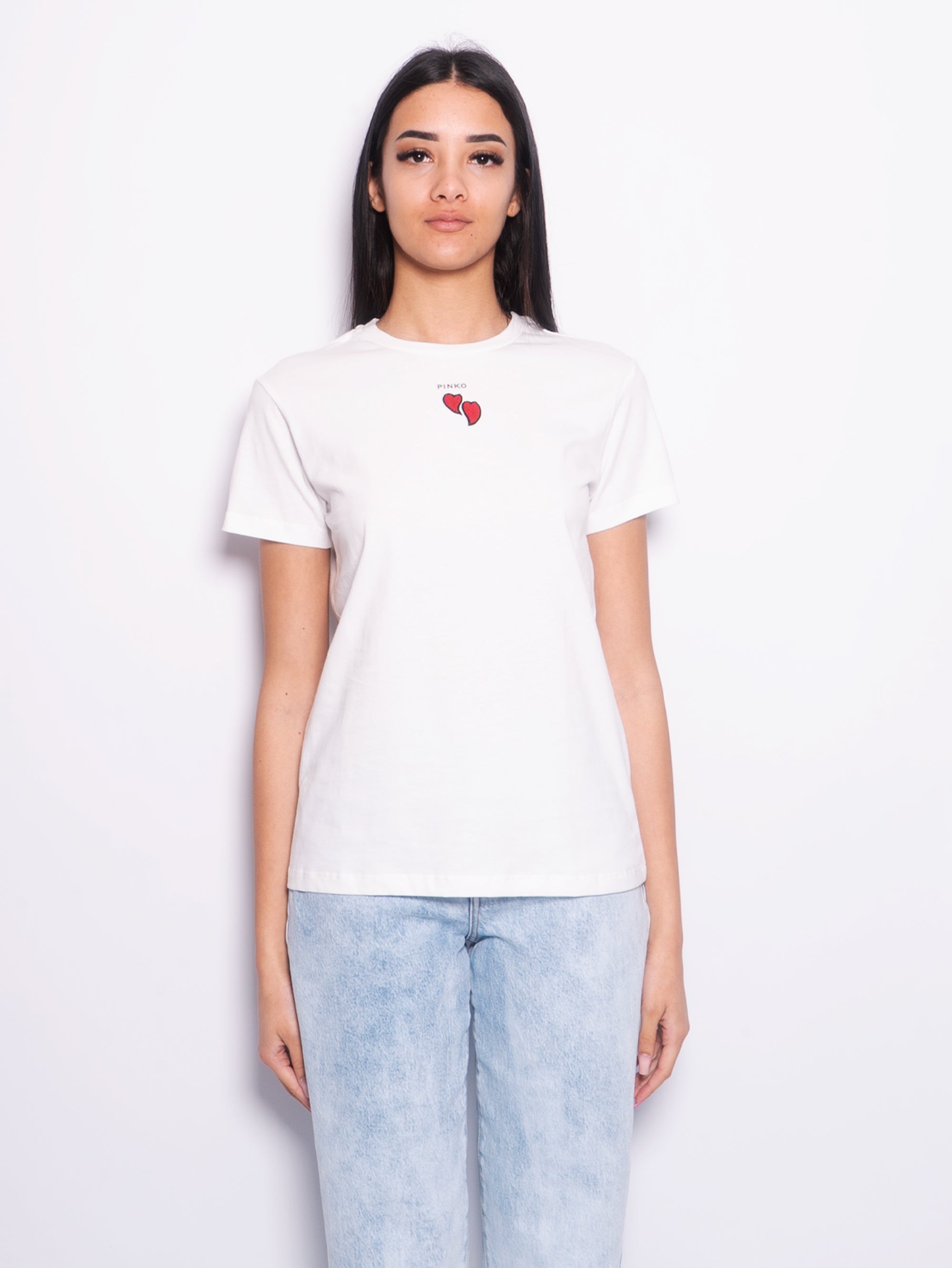 PINKO-T-shirt con Cuori Ricamati Bianco-TRYME Shop