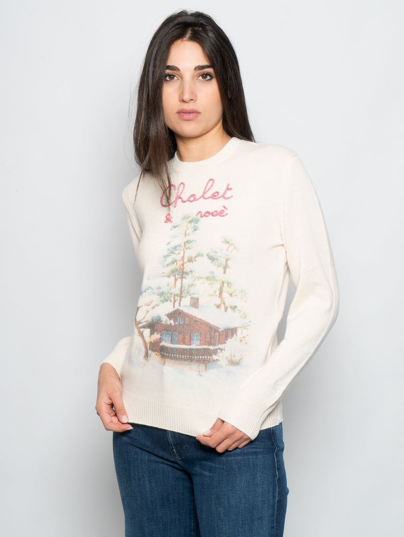 MC2 SAINT BARTH-Maglia Girocollo con Stampa Chalet e Ricamo Panna-TRYME Shop