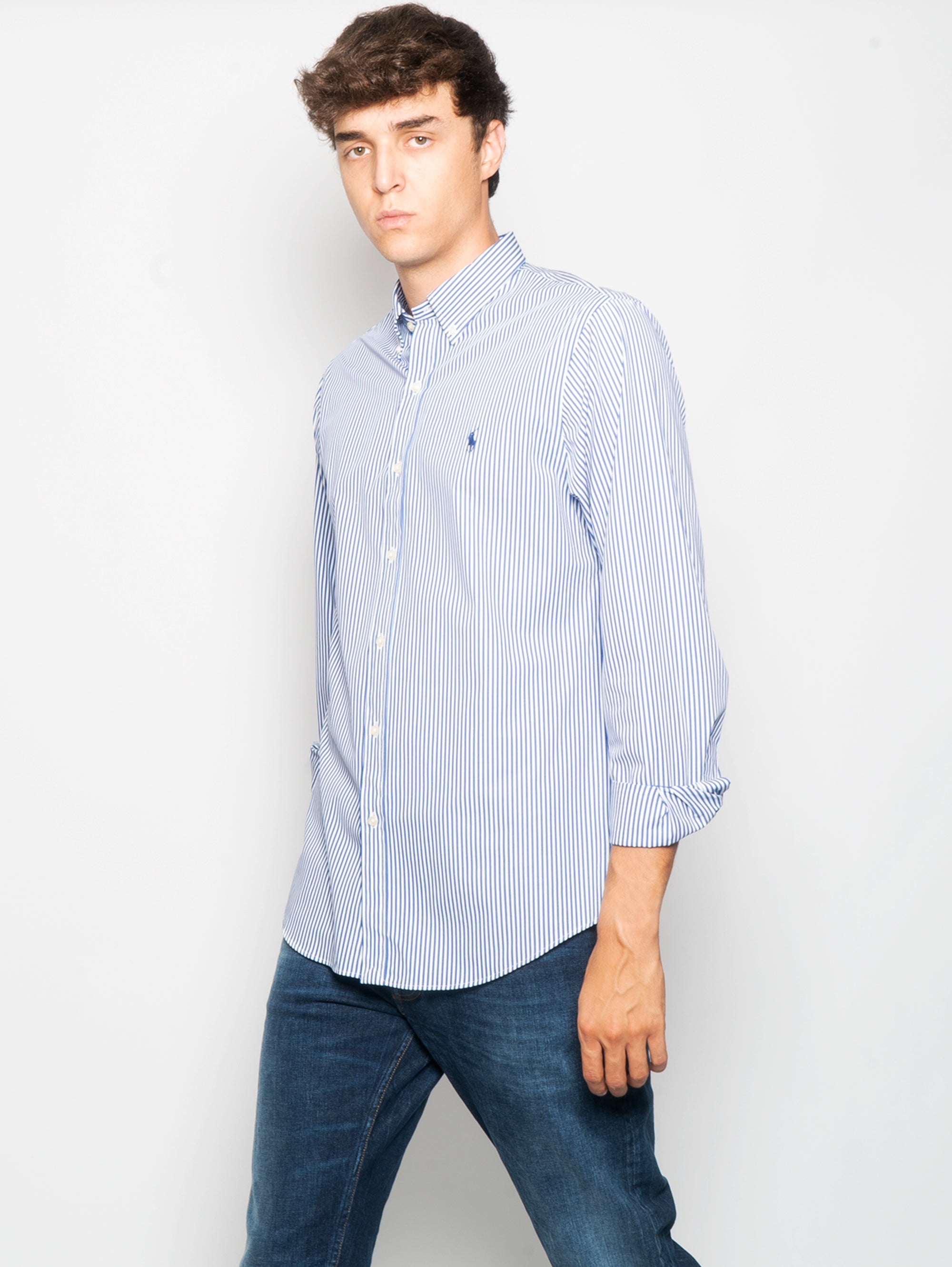 Weiß/blaues Slim-Fit-Hemd aus Stretch-Popeline