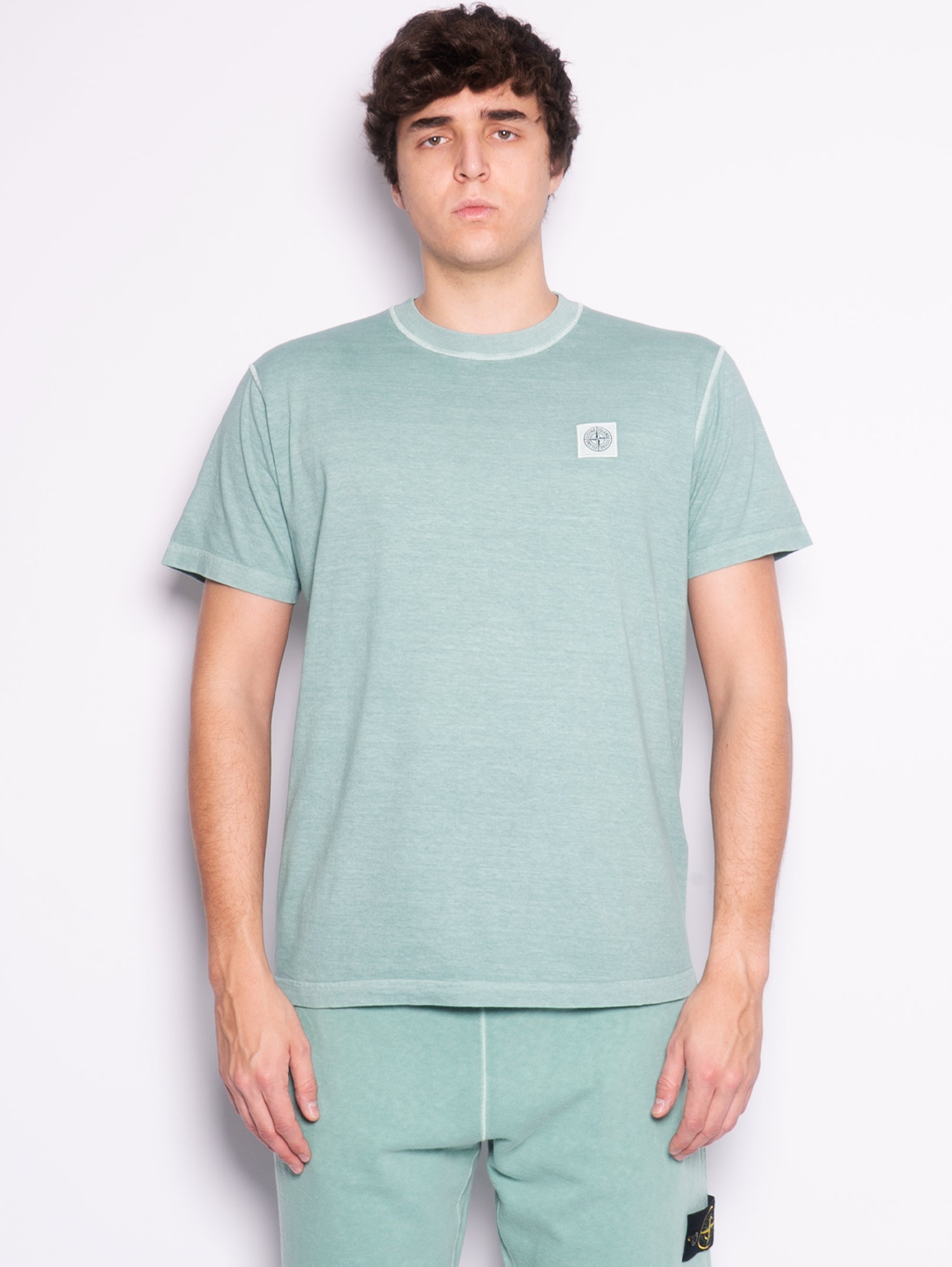 STONE ISLAND-T-shirt Tinta in Capo con Effetto Fissato Verde-TRYME Shop