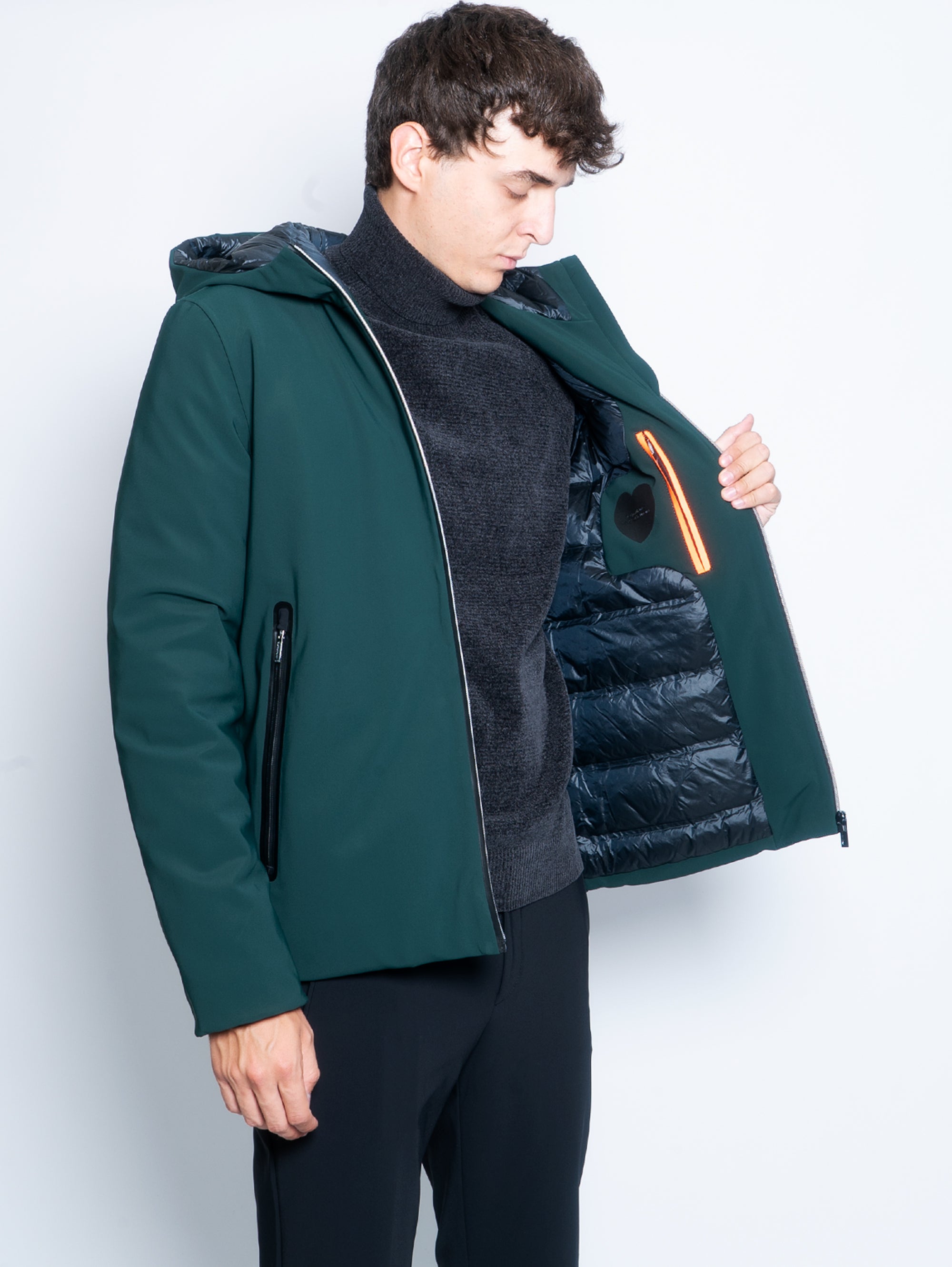 Short Down Jacket with Pine Green Hood