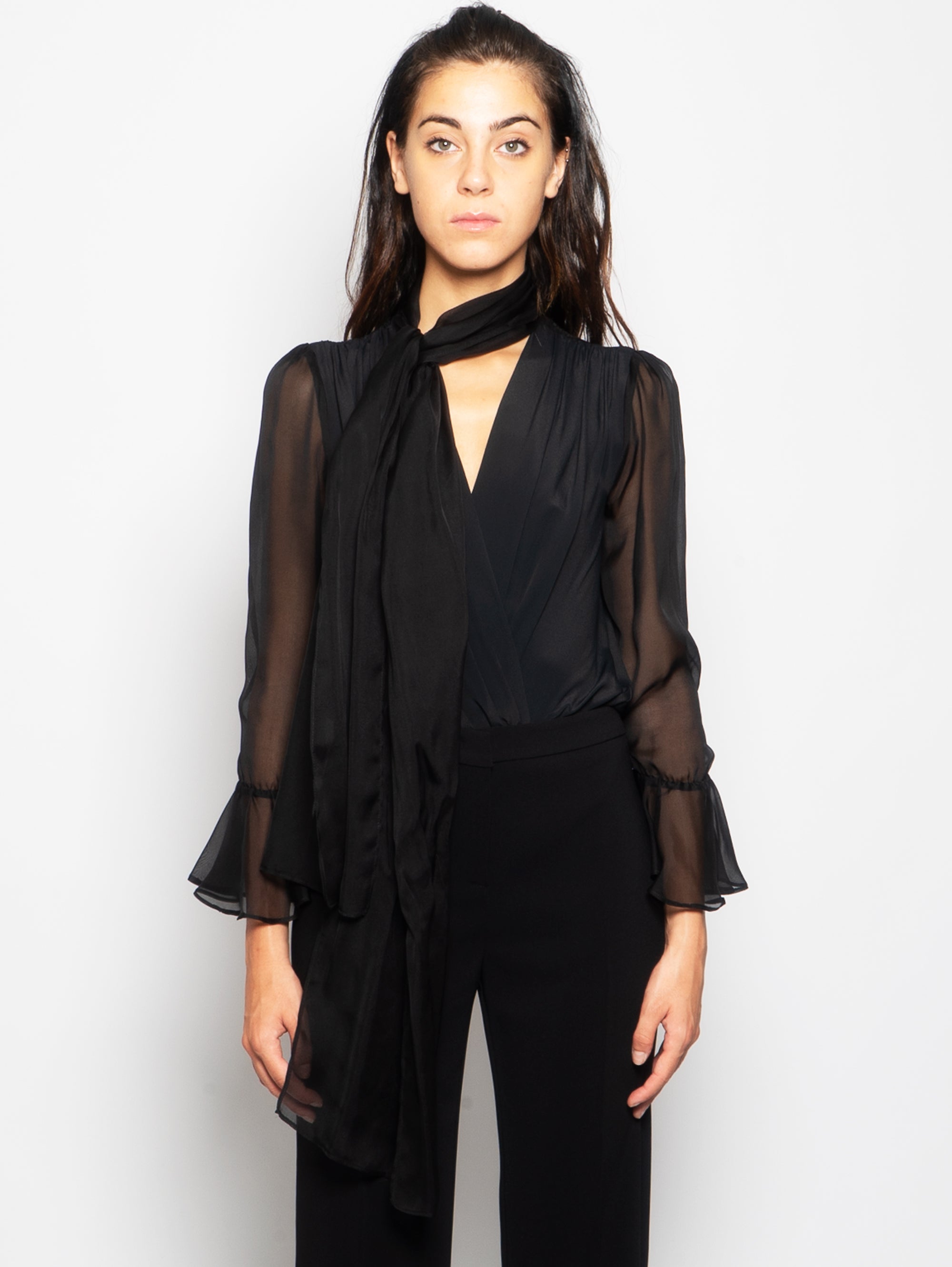 PINKO-Body con Drappeggio in Chiffon Nero-TRYME Shop