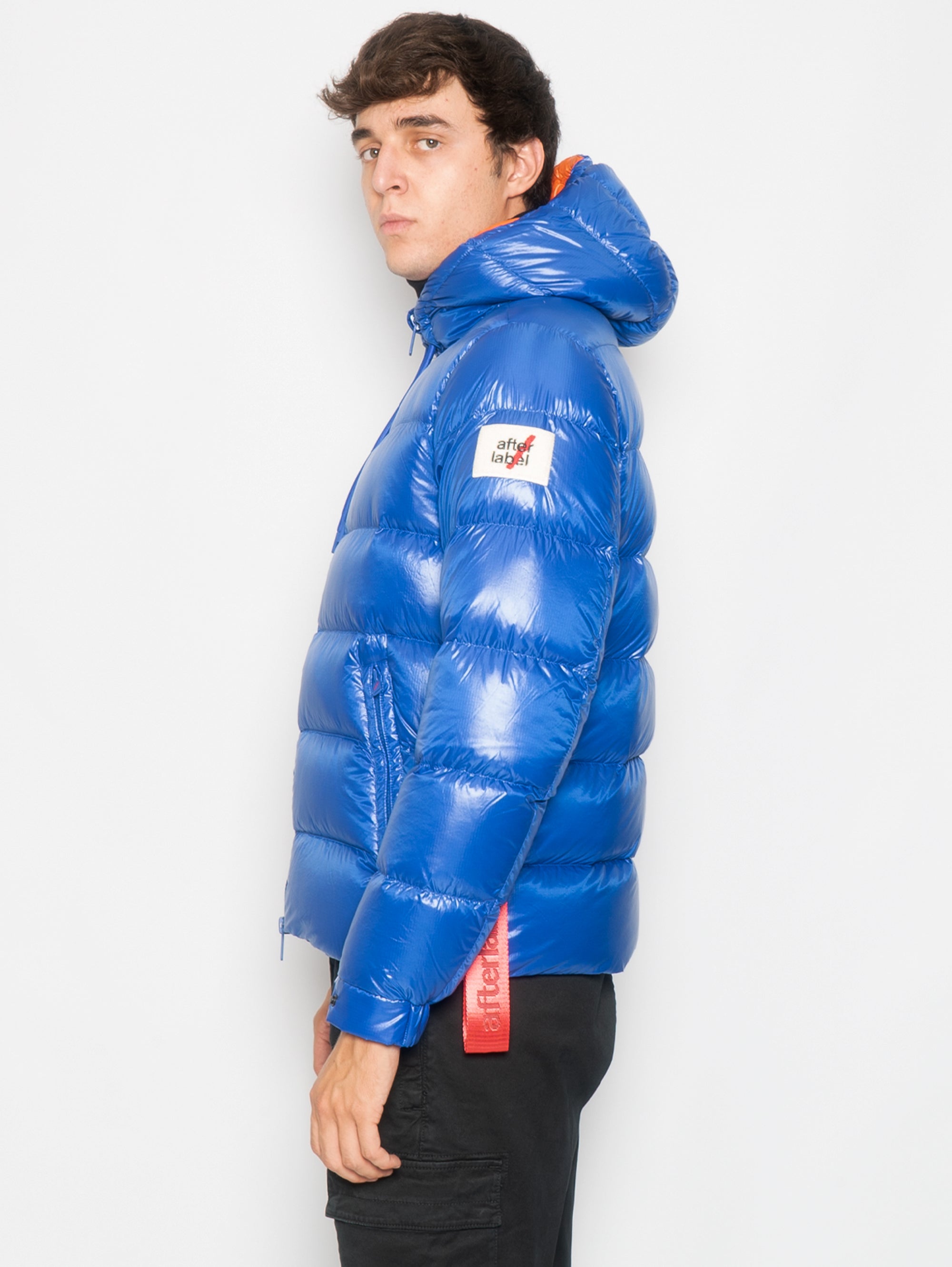 Electric Blue Shiny Nylon Short Down Jacket with Hood