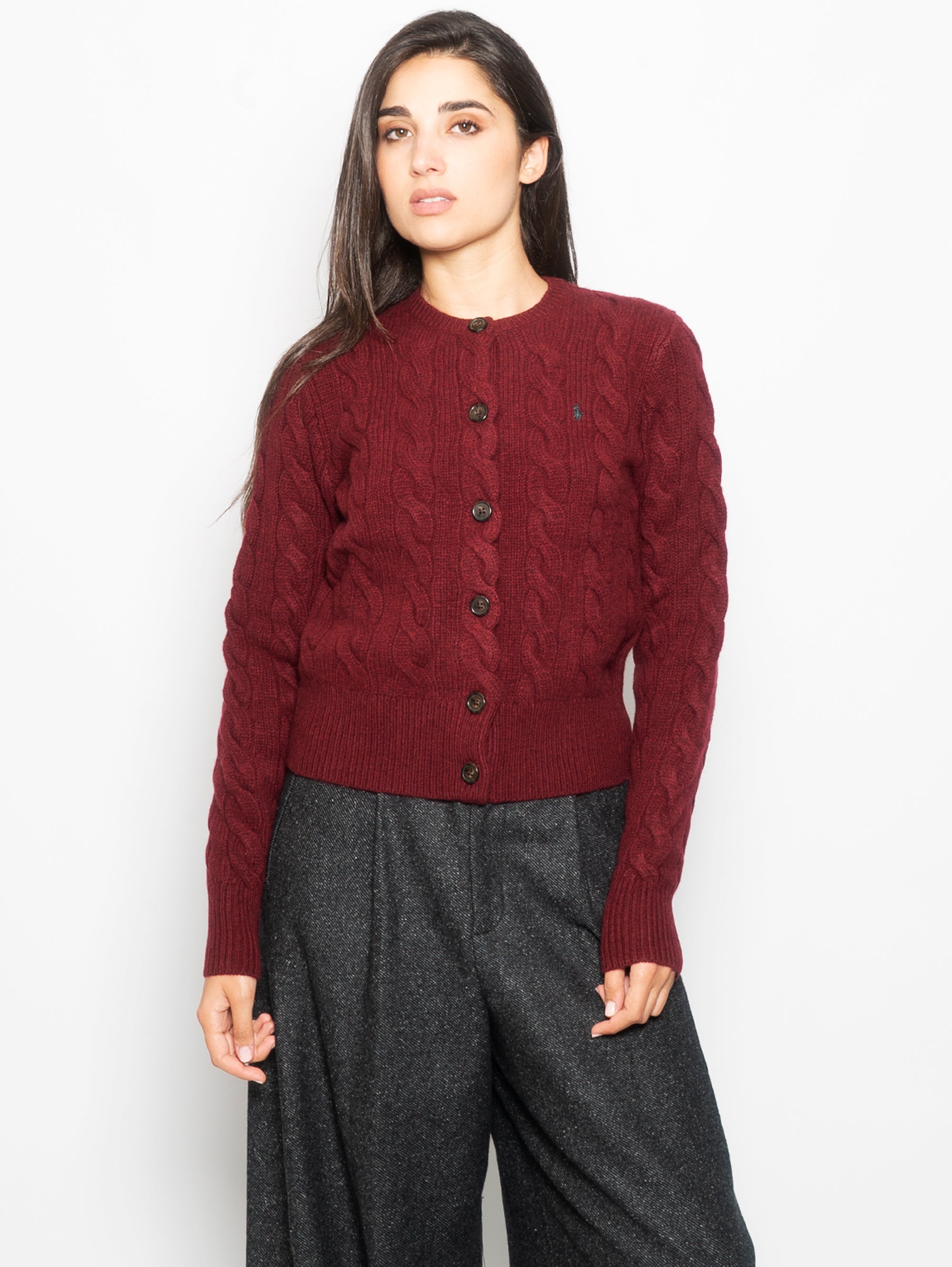 RALPH LAUREN-Cardigan a Trecce con Chiusura Smerlata Bordeaux-TRYME Shop