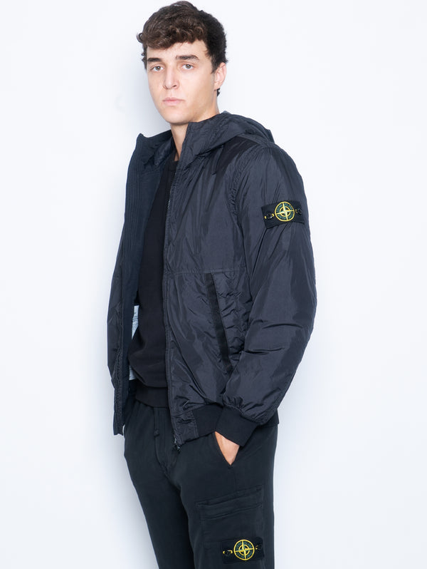 Giubbotto con Cappuccio Nylon Crinkle Reps e Primaloft Nero