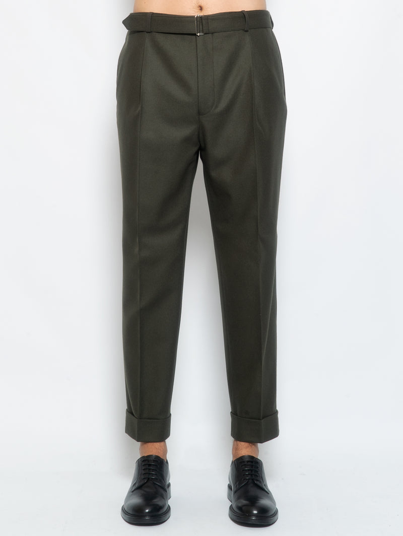 OFFICINE GÉNÉRALE-Pantalone in Fresco Lana con Cintura Verde Oliva-TRYME Shop