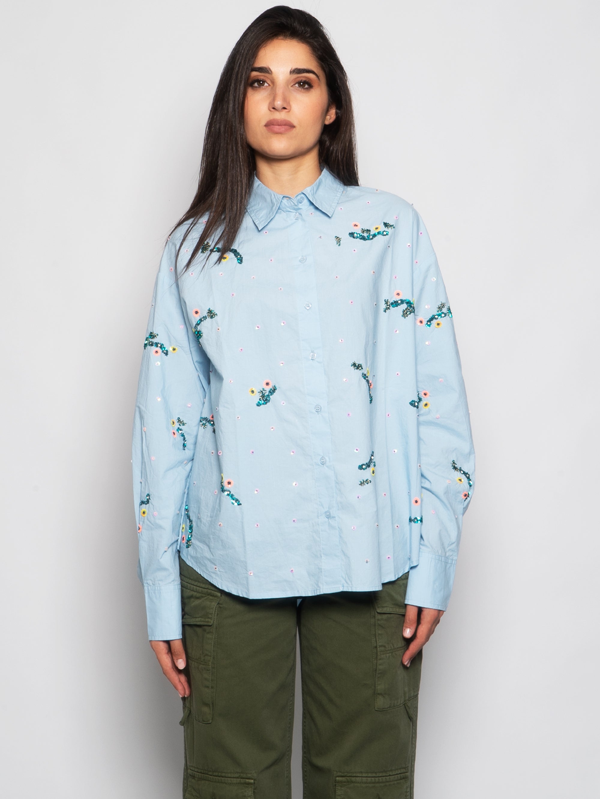 ESSENTIEL ANTWERP-Camicia con Paillettes Celeste-TRYME Shop