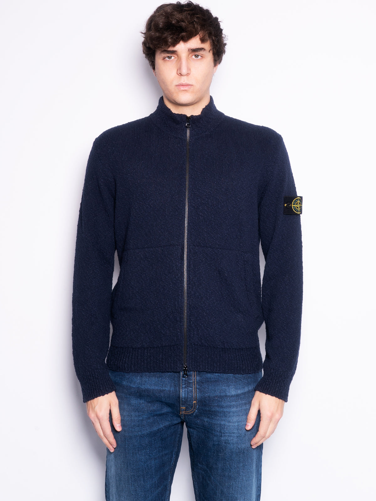 STONE ISLAND - Blue Full Zip Cardigan in Irregular Cotton – TRYME Shop