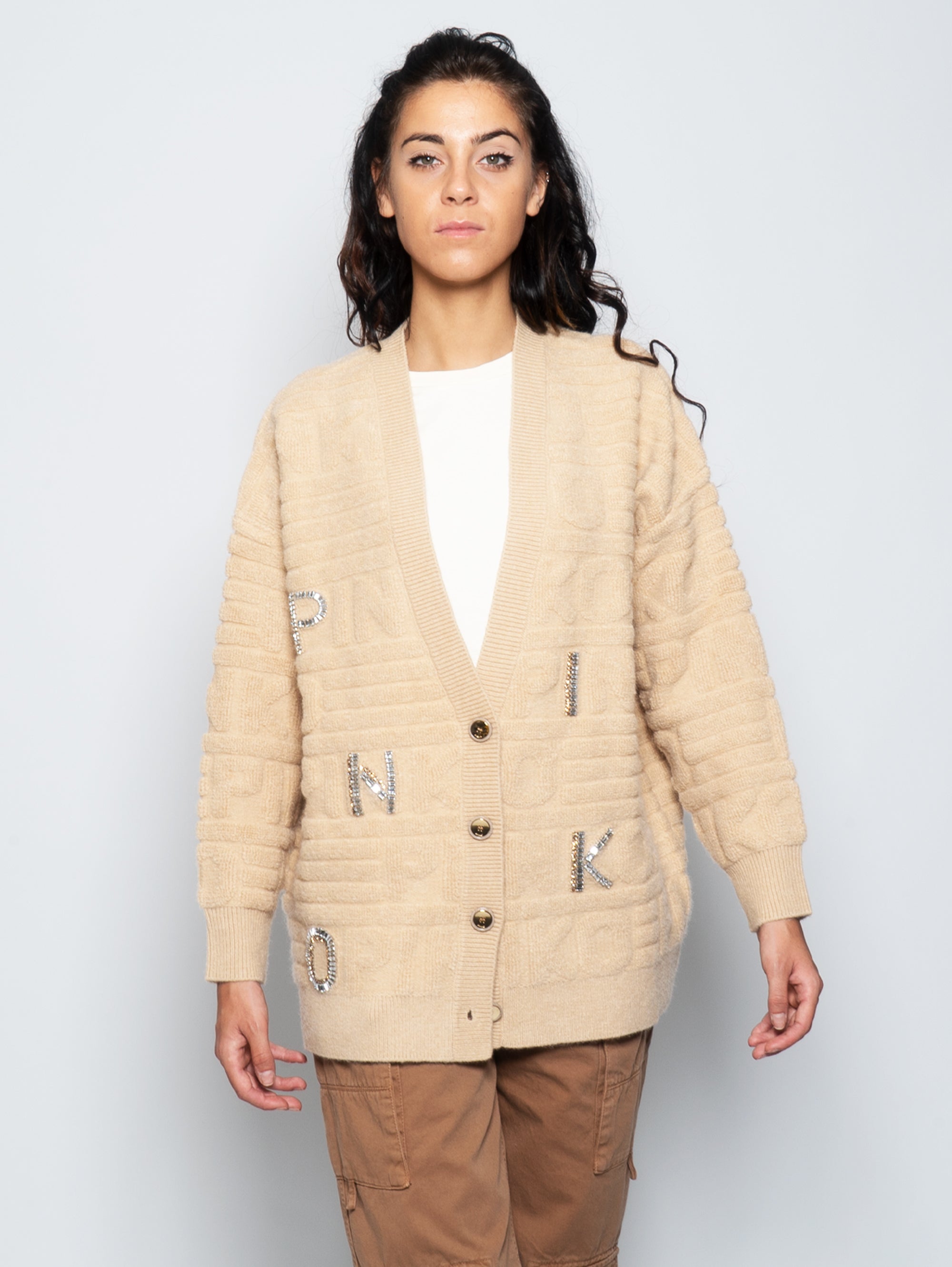 PINKO-Maxi Cardigan in Maglia Punto Spugna Beige-TRYME Shop