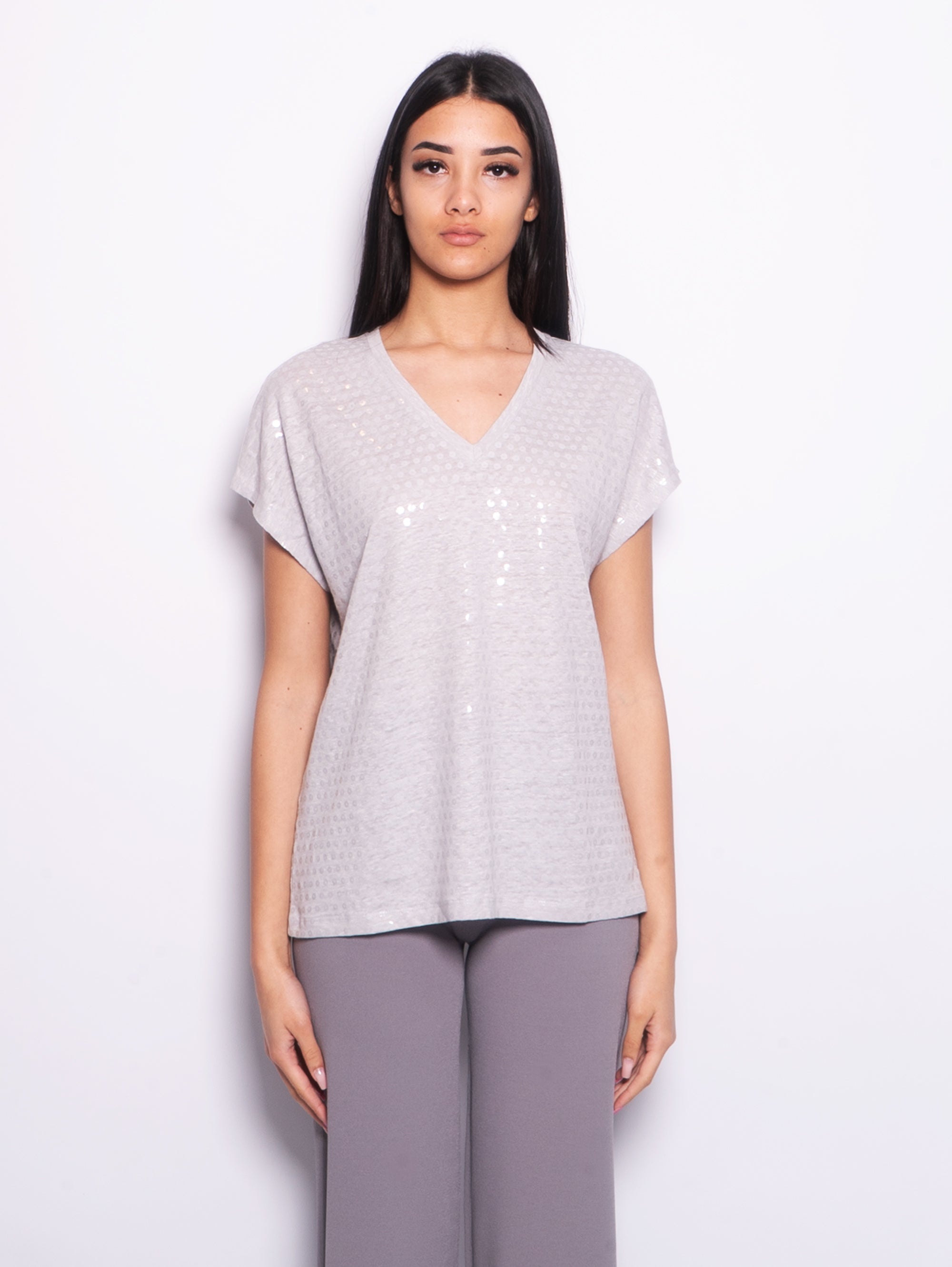 KANGRA-Maglia Senza Maniche in Lino con Paillettes Grigio-TRYME Shop