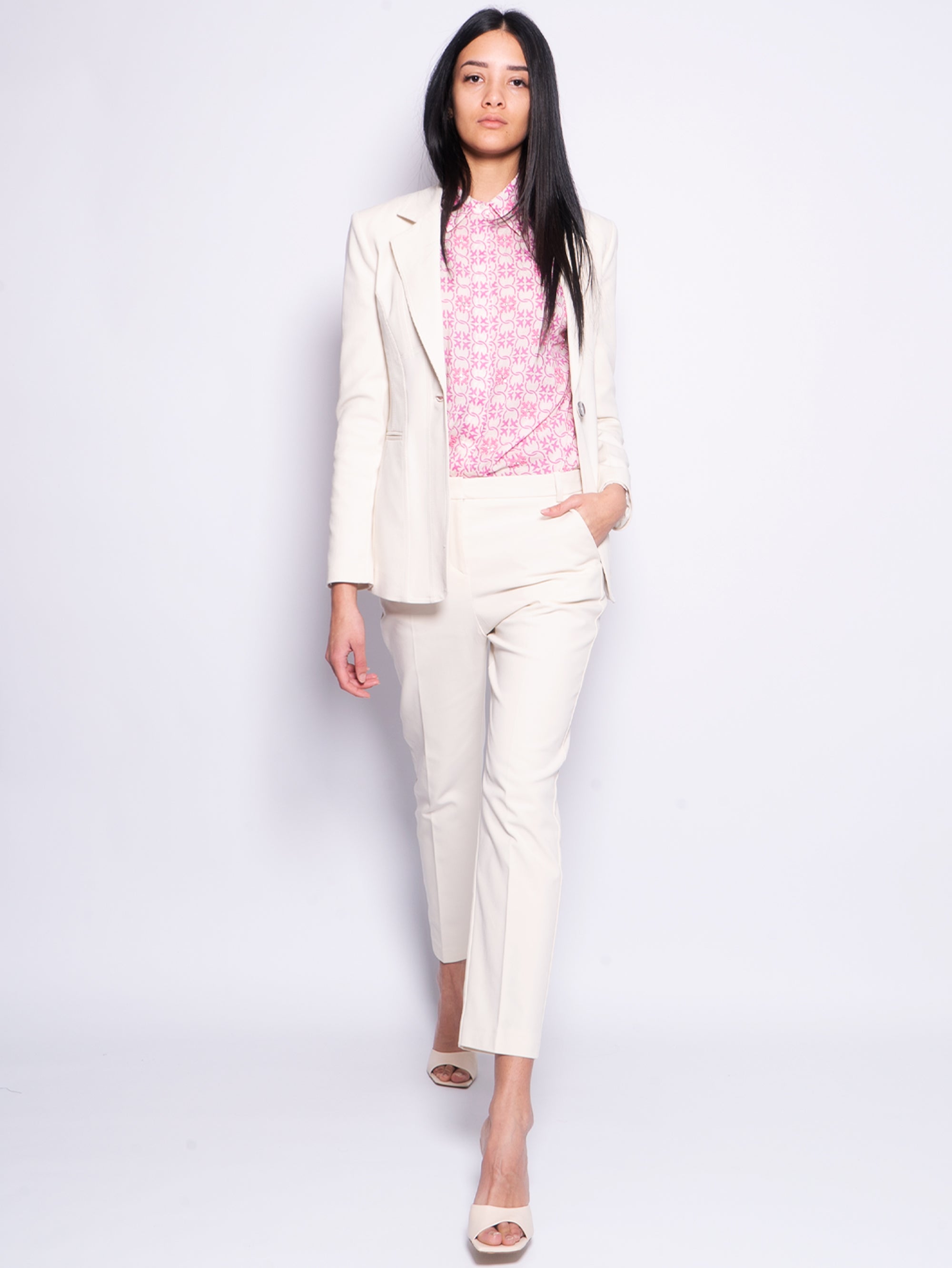 Single-breasted bi-material cream blazer jacket