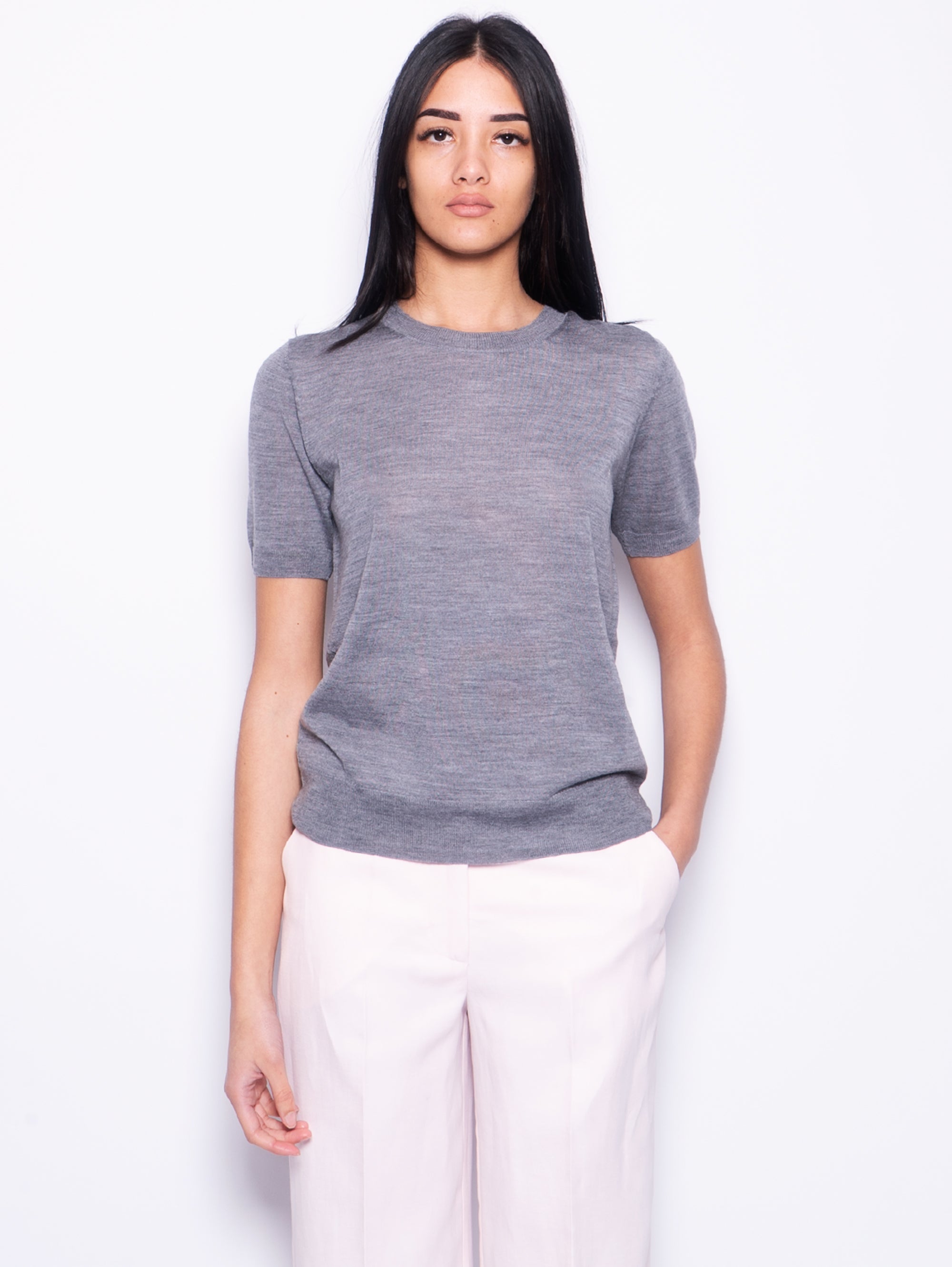 P.A.R.O.S.H.-Maglia in Misto Lana con Maniche Corte Grigio Mélange Chiaro-TRYME Shop