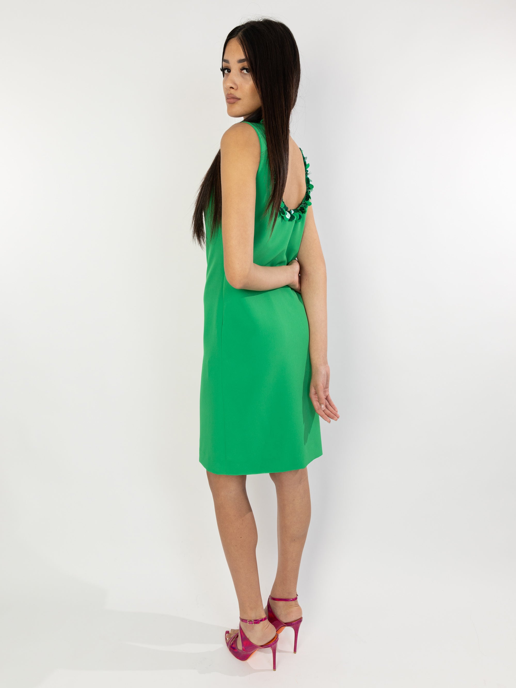 P.A.R.O.S.H. - Short Dress with Round Neck in Green Sequins TRYME Shop P.A.R.O.S.H. - Short Dress with Round Neck in Green Sequins TRYME Shop